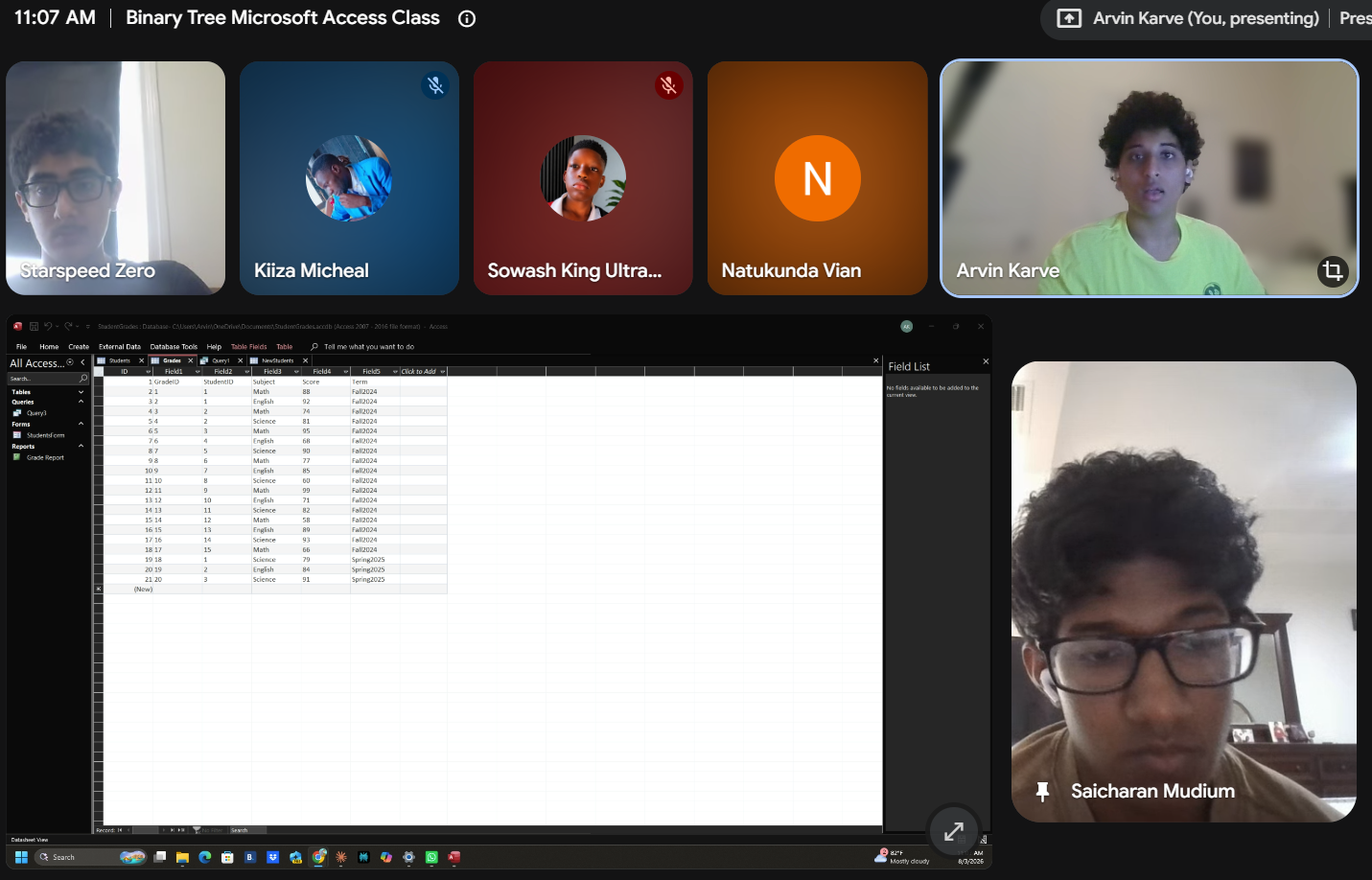 Screenshot of a live Binary Tree class Arvin taught, screen-sharing a Microsoft Access database with student webcams visible